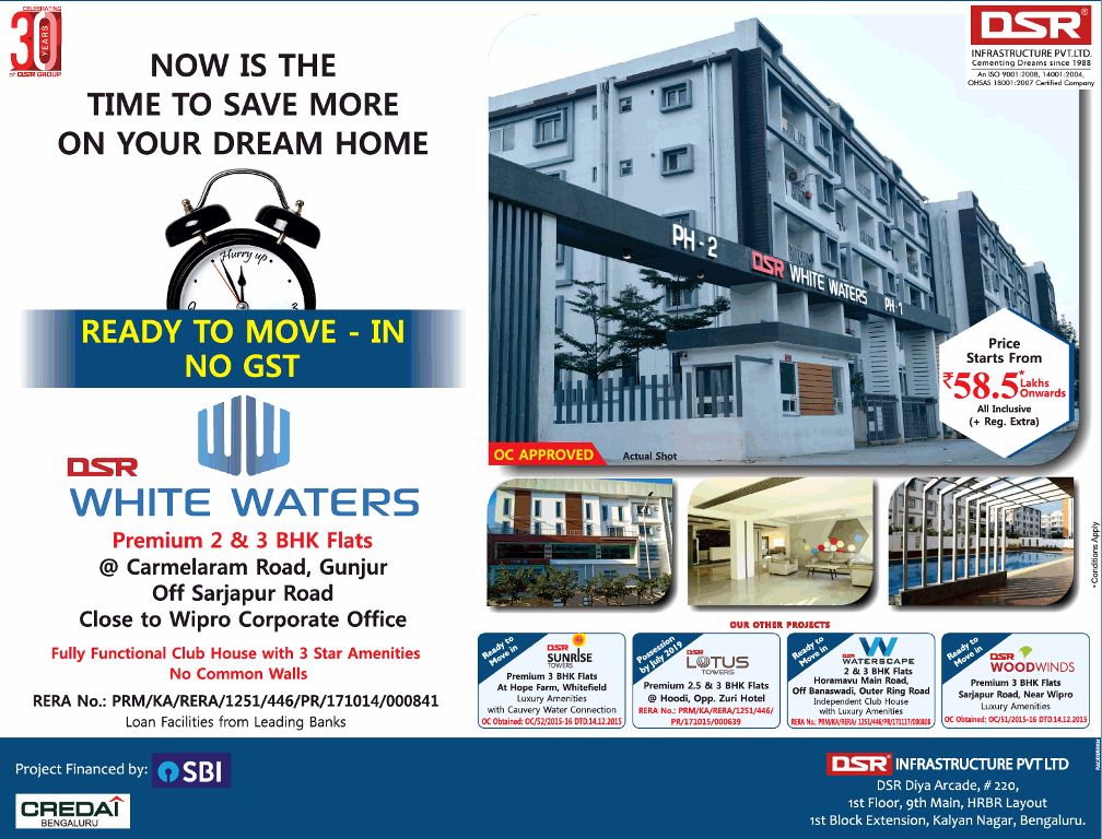 Presenting Ready to move  in no GST at DSR White Waters in Bangalore Update
